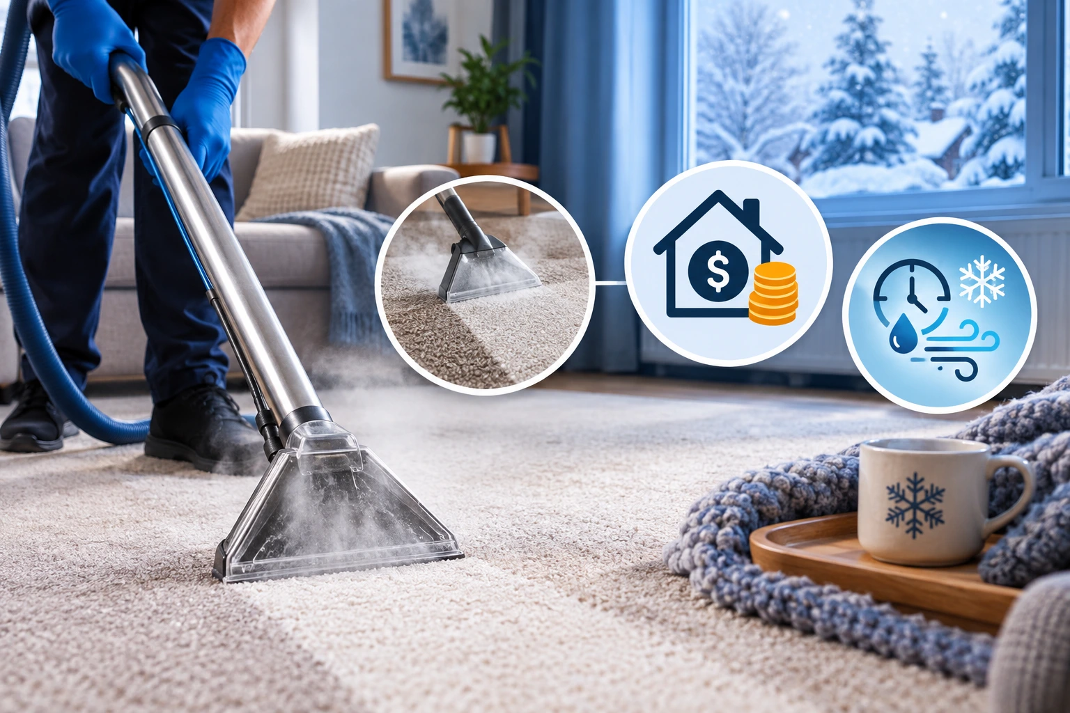 Technician using hot water extraction wand on lounge room carpet, showing carpet steam cleaning cost per room for a house