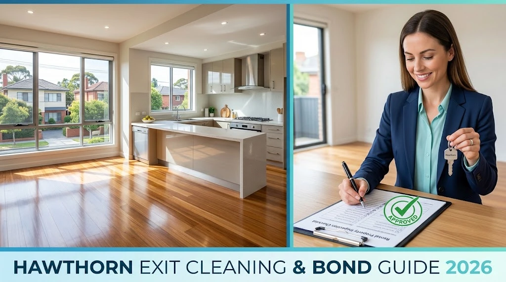 Cleaner detailing an oven door in a Hawthorn rental using the Hawthorn exit report cleaning checklist before the final inspection