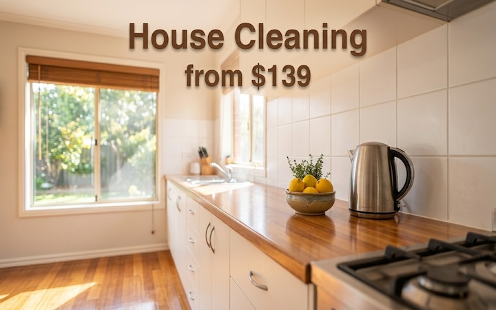 Cleaner wiping down a kitchen benchtop in a lived-in family home